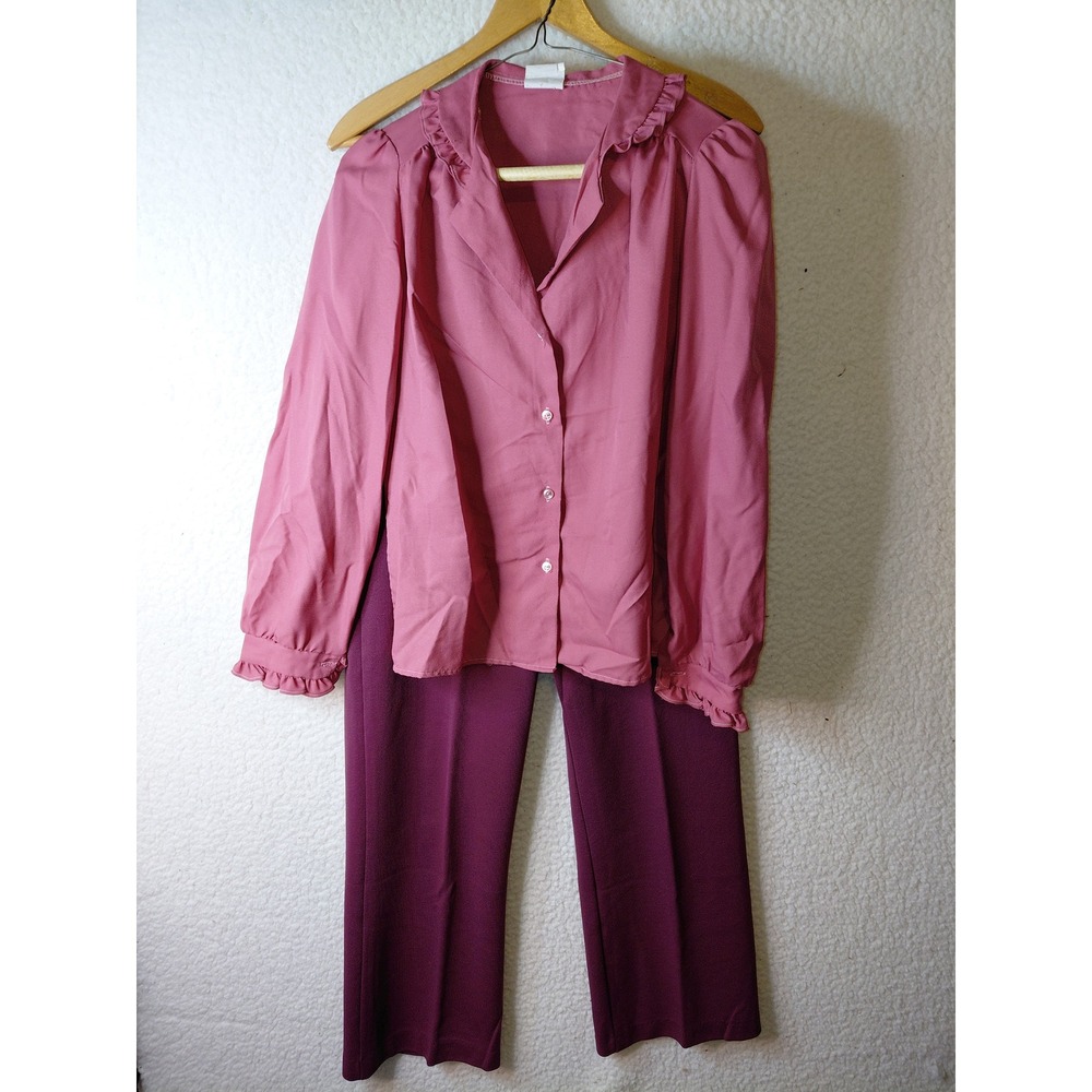 Vintage 2 Piece Set Mauve Ruffle Blouse Plum Elastic Waist Pants Retro Medium